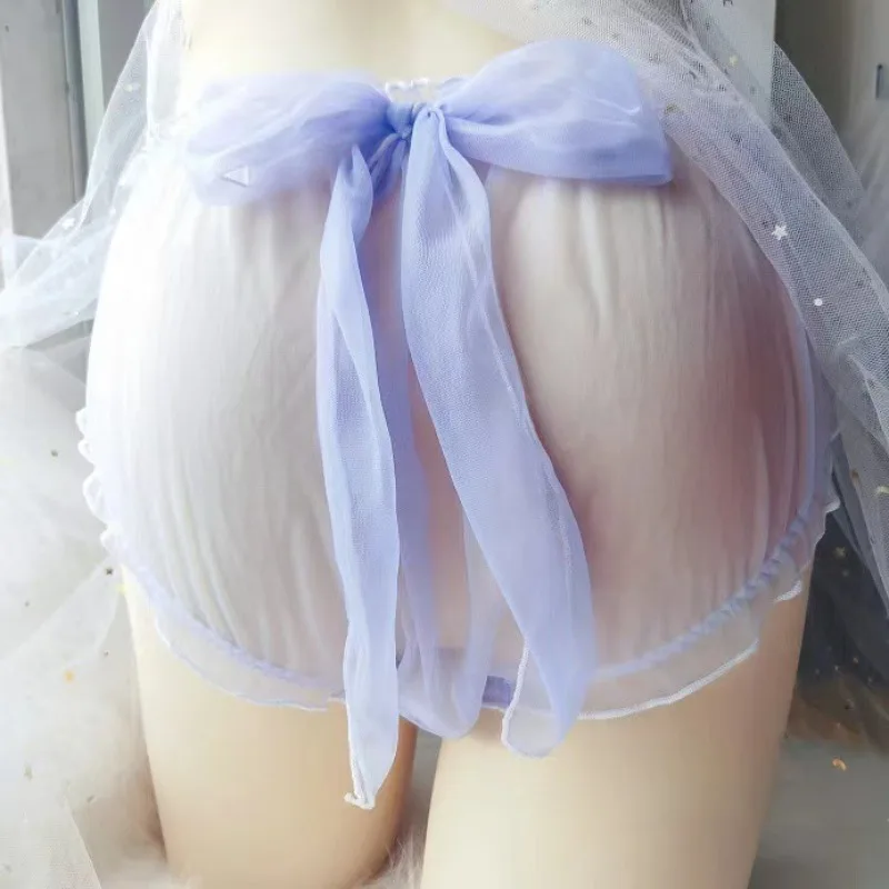 

Men Women Mesh Sexy Underwear Transparent Ultra-thin Briefs Panties Big Bow-knot Ins Style Comfortable Sissy Lingerie Large Size