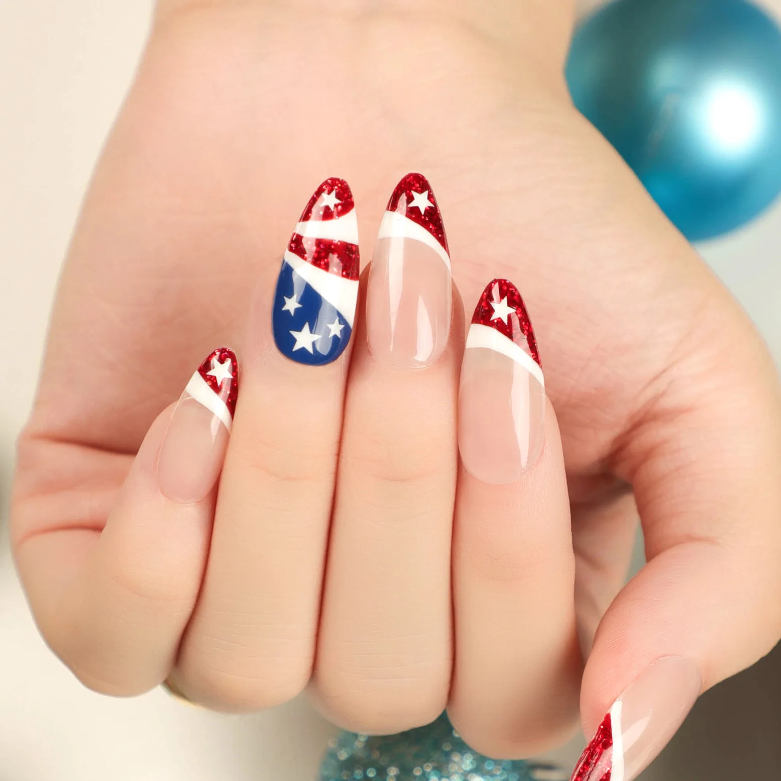 4th of July French Tips Press on Nails Independence Day Patriotic Fake Nails Medium Almond with Red Blue White Striped Star Flag