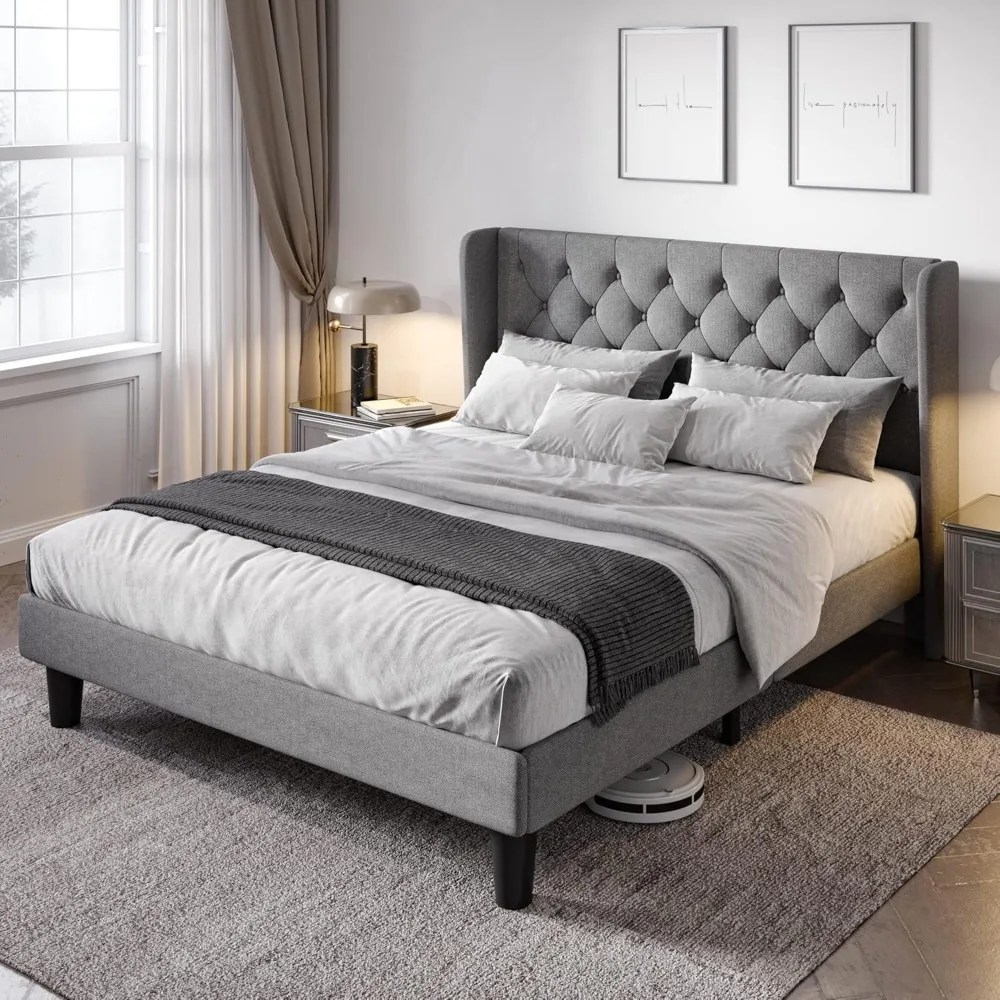 

Queen Bed Frame with Button Tufted Wingback Headboard, Strong batten support, No Box Spring, Easy Assembly, Bed Frame