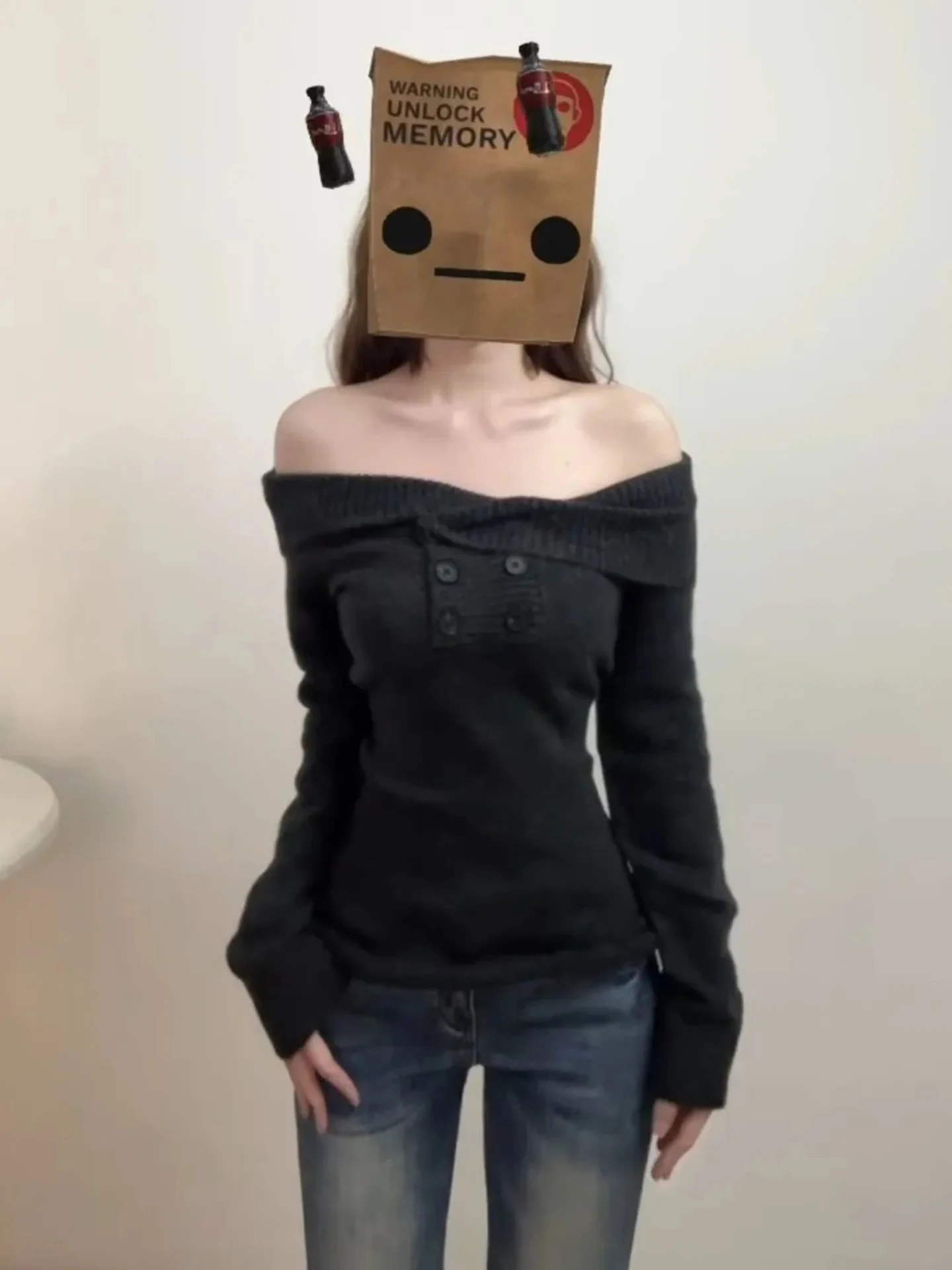 เสื้อไหมพรมถักสำหรับผู้หญิง ฤดูหนาว รุ่นใหม่ สไตล์เกาหลี ทรงเข้ารูป โชว์เอว สาวหวานซ่อนเปรี้ยว แบบเปิดไหล่ข้างเดียว