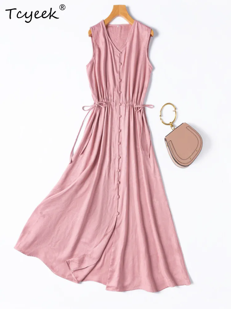 Tcyeek 100% Echte Maulbeerseide Damenkleider 2026 Partykleid Elegantes Modisches Sommerkleid Damenmode mit Schnürung an der Taille