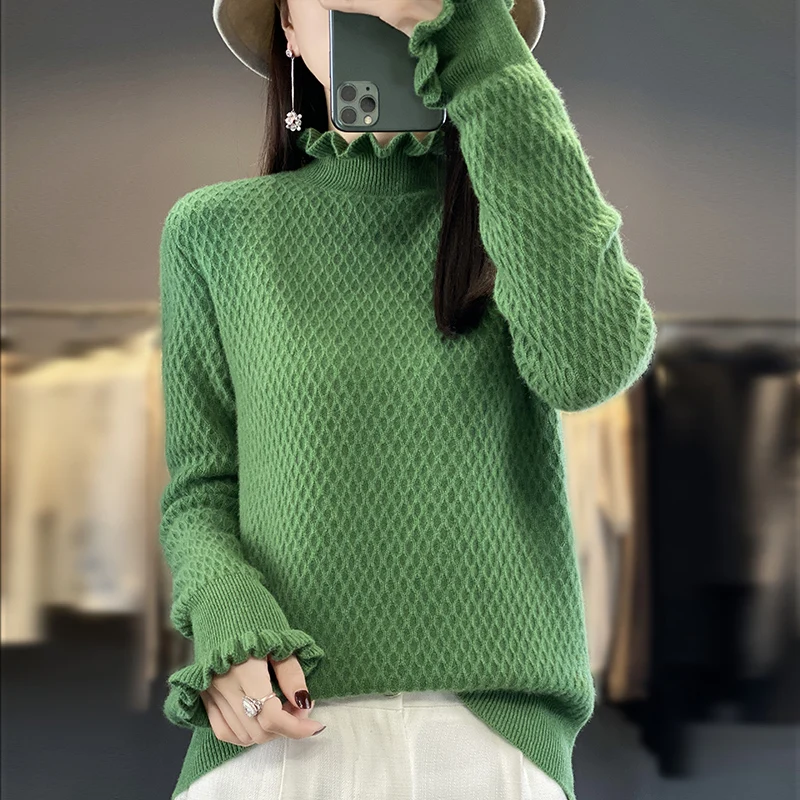 

DjzDsm women 100% Merino wool top with thick ruffles round neck warm pullover trend simple close-fitting sweater 2024 new model