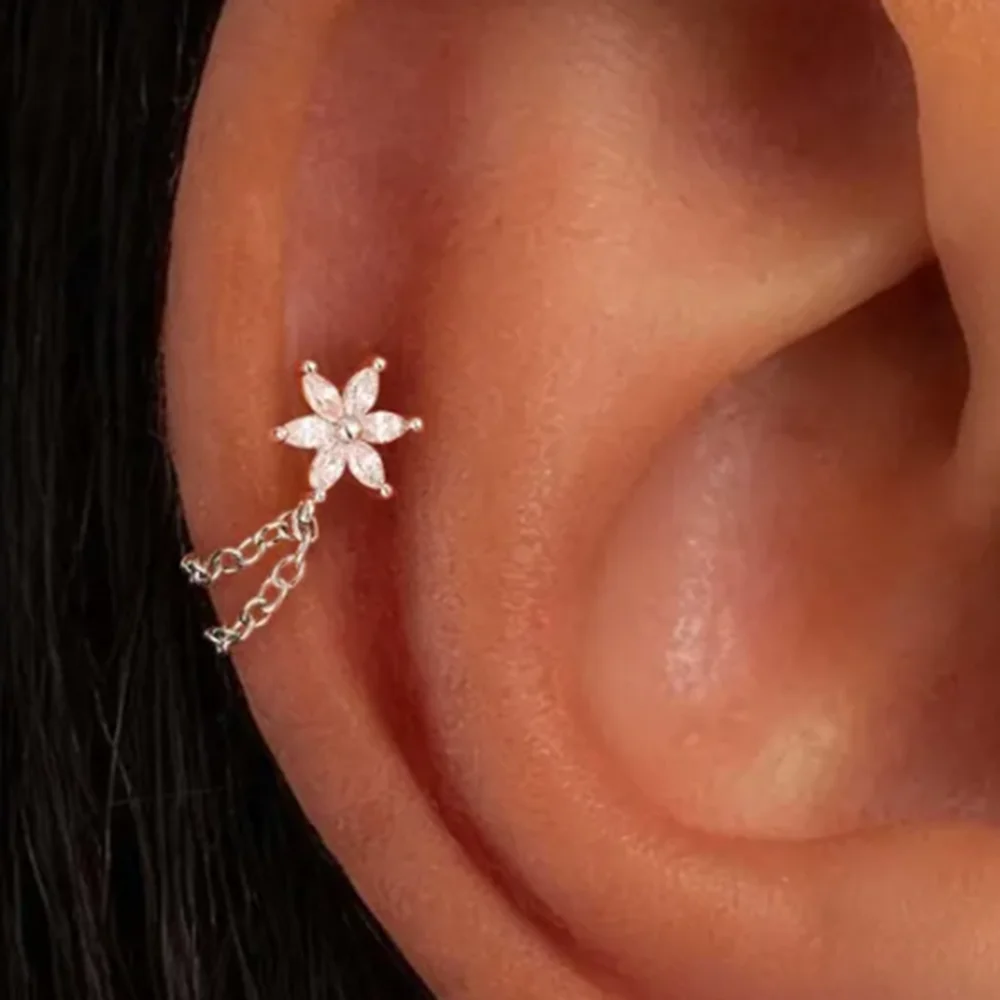 ROXI 925 Sterling Silver Flower Chain Tassel 16G CZ For Women Cartilage Helix Flat Back Piercing Earring,Conch Chain Earrings