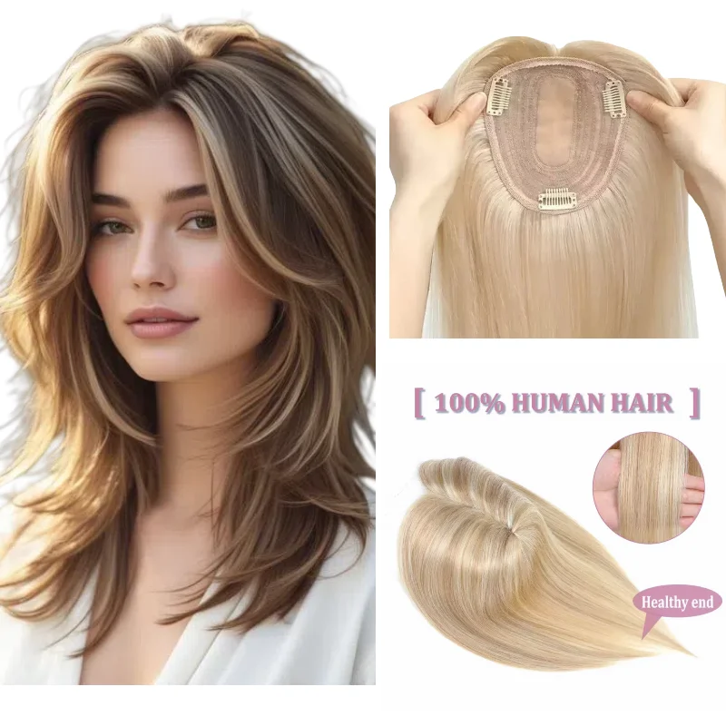 

Женский топпер из натуральных волос, кружевная средняя часть с тупой челкой | 9x14 см, 14-18 дюймов, современный стильный вид