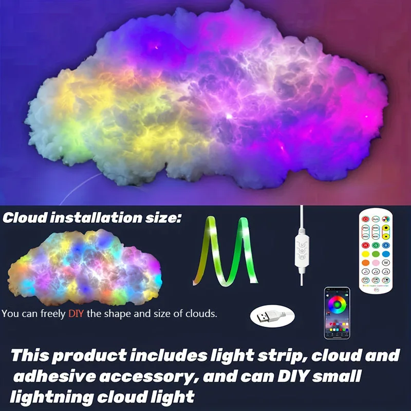 DIY Cloud LED Light Smart RGBIC Music Sync Changing Strip Light Atmosphere Thunder Cloud Lamp Wall Ceiling Light for Room Decor
