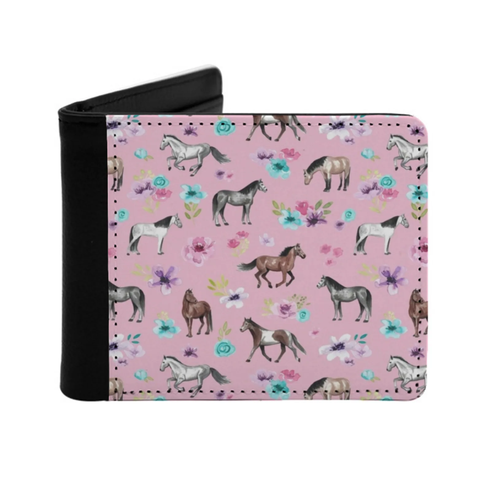 Horses And Flowers On Pink Equestrian Art Horse Decor Cowgirl Personalized Men's Leather Wallet Card Money Bag Pu Leather