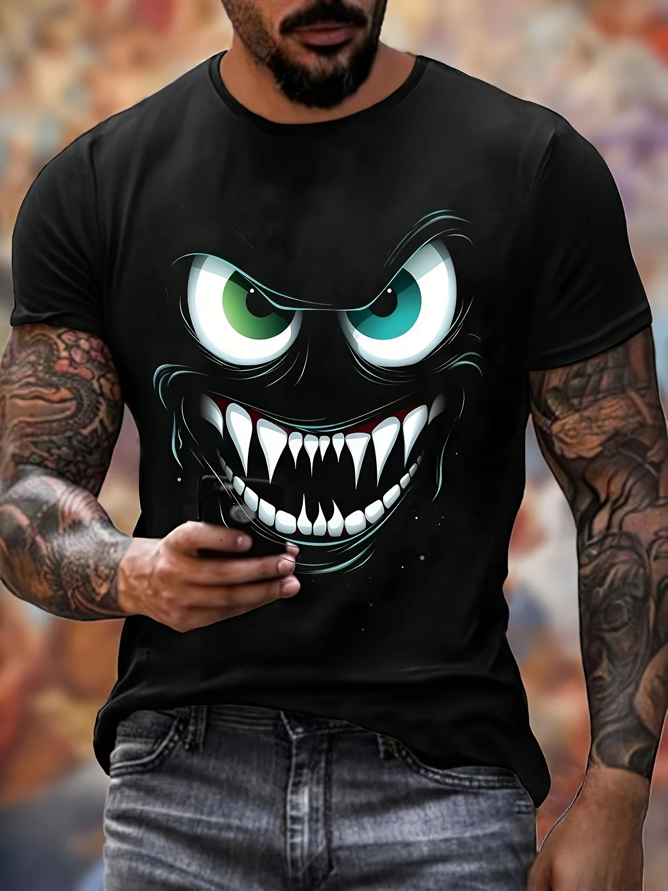 100% Polyester Monster Print T-shirt, Casual Short Sleeve Crew Neck Tee, Men's Clothing For Outdoor Customizable