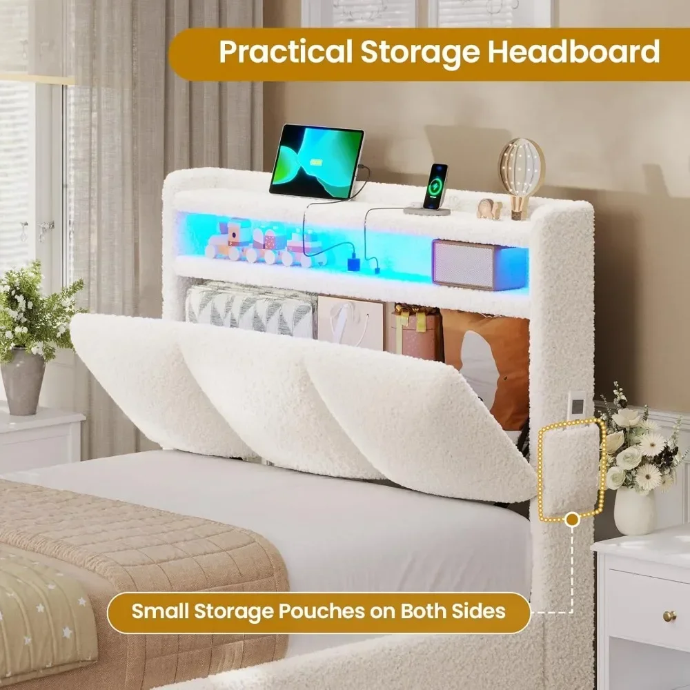 Rangka Tempat Tidur Twin dengan Headboard Penyimpanan dan Stasiun Pengisian Daya, Rangka Tempat Tidur Berlapis Boucle Ukuran Twin dengan 4 Laci dan Lampu LED