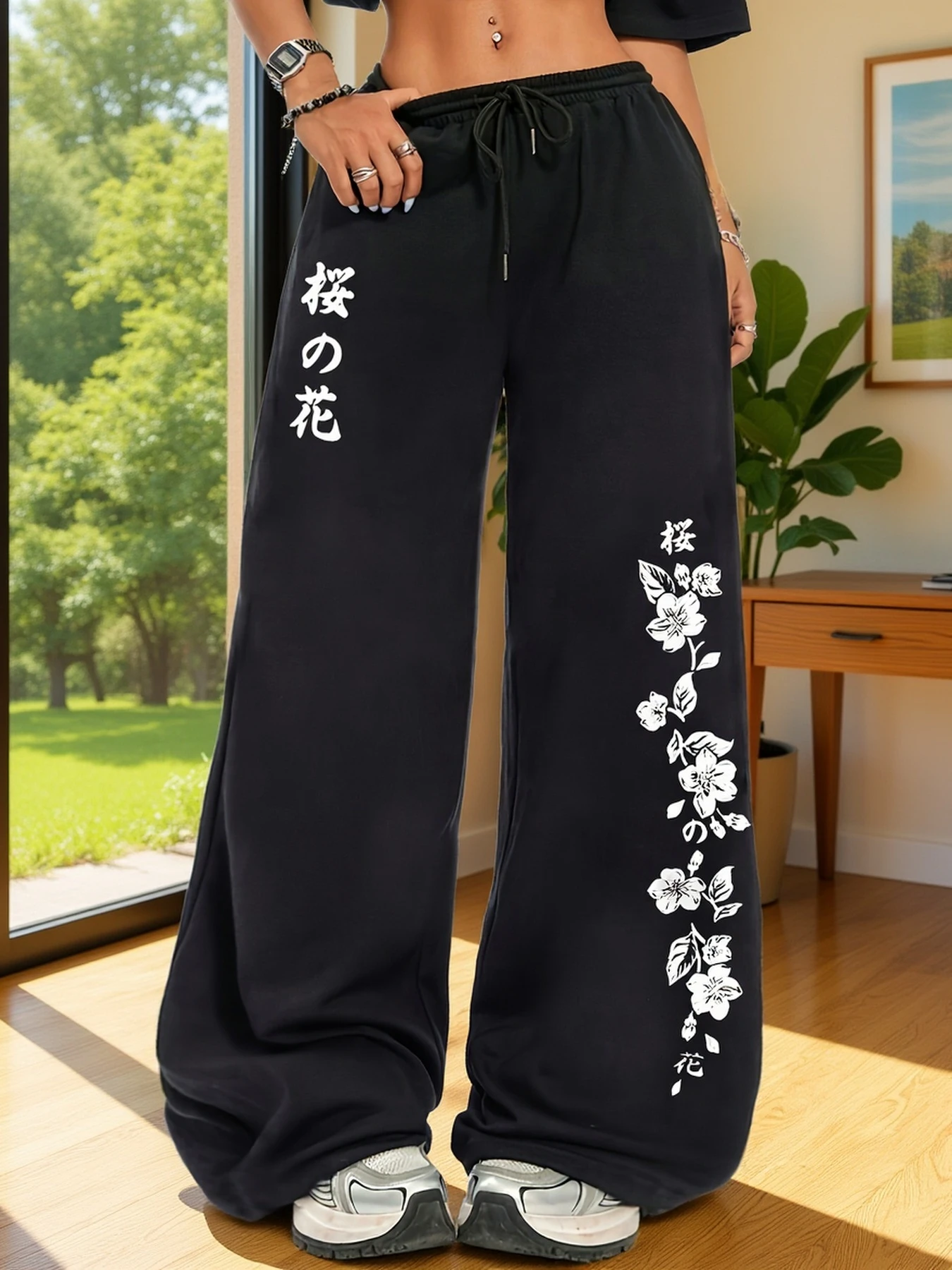 

Женские японские брюки с завязками на талии — черные с белым цветочным принтом, прямые непрозрачные брюки