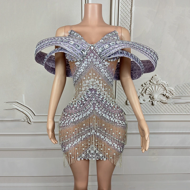 2025 Shining rhinestone high-end sense one-word shoulder hip skirt company annual meeting evening birthday party high-end dress