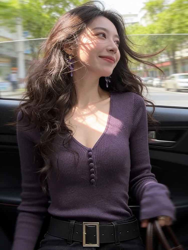 

Faionable V-Ne Long Sve Knitted Base irt Women's Autumn Winter Sweater Slim Fit Trendy Inner Wear Pure Desire Top