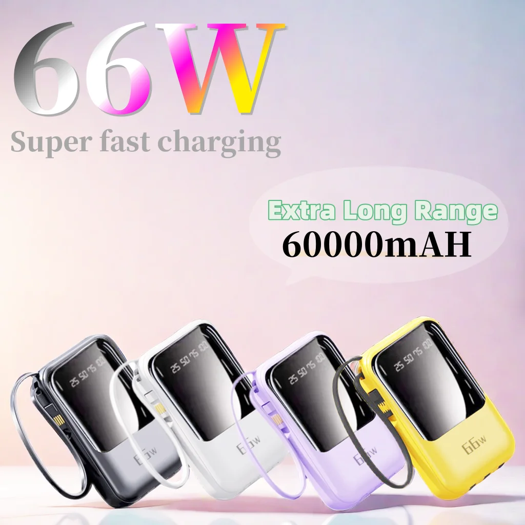 

Mini 66W 60000 mAH Super Fast Charging Power Bank, Large Capacity, Compact, Portable, Comes with Cable Mobile Power Supply