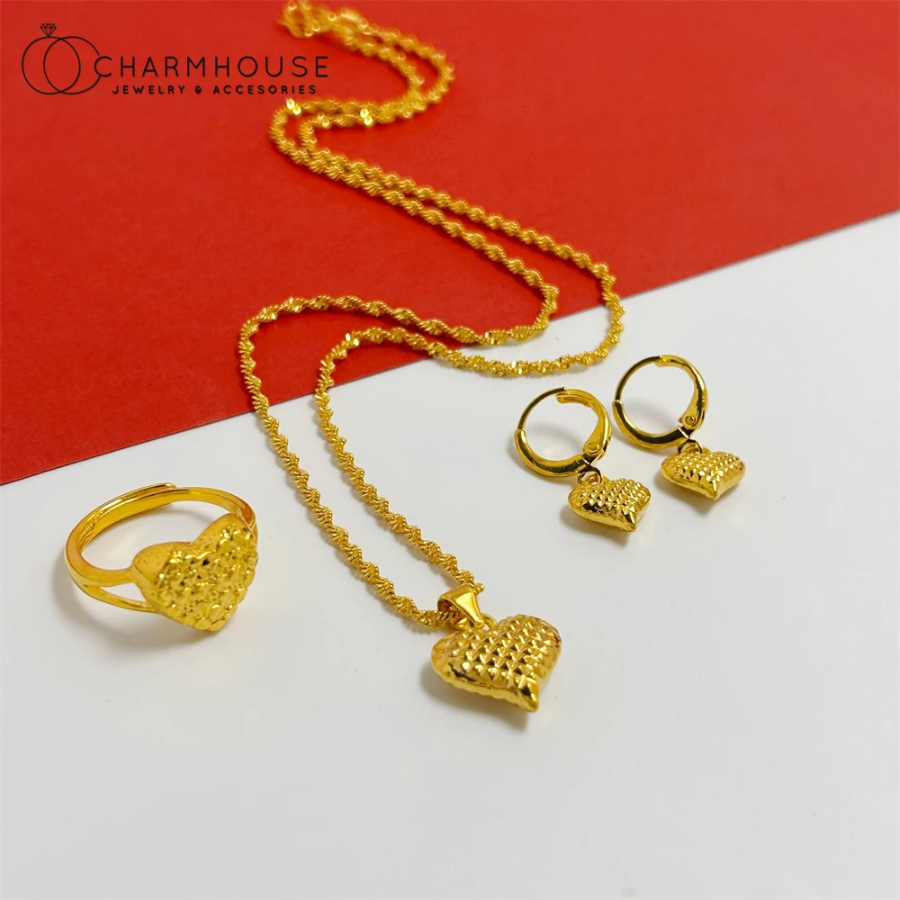 Gold Plated Jewelry Sets for Men Heart Pendant Necklace Earrings Rings 3pcs Set Trendy Jewellery Accessories Party Gifts