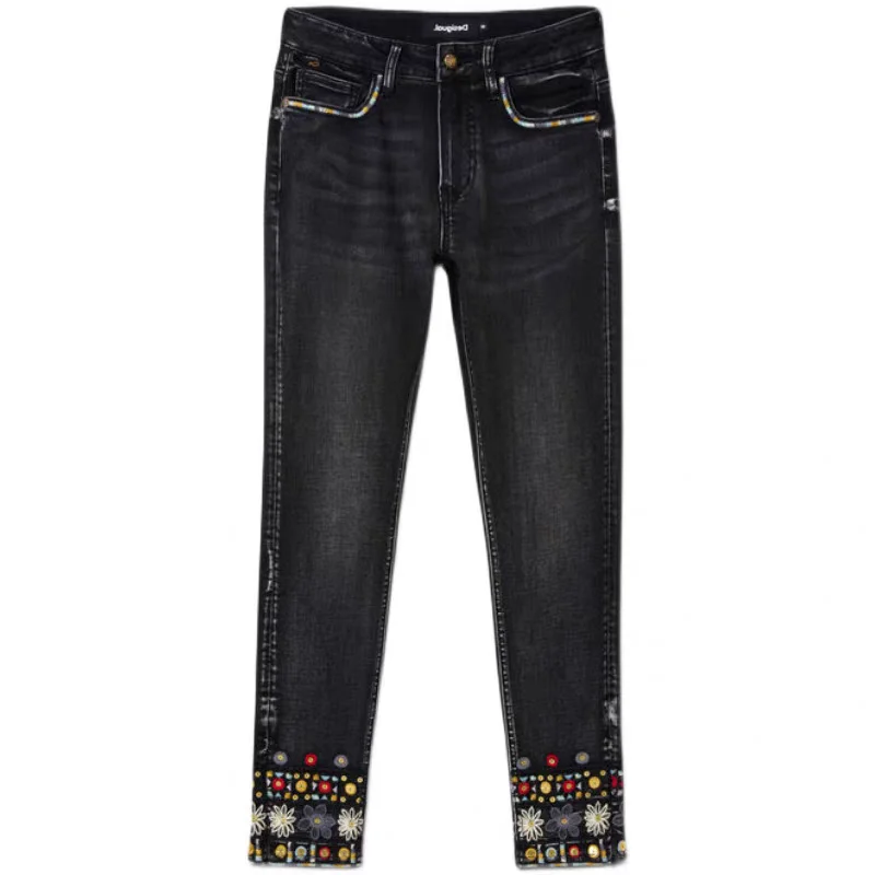 Foreign trade original single Spanish new fashion embroidery embroidery high waist straight jeans