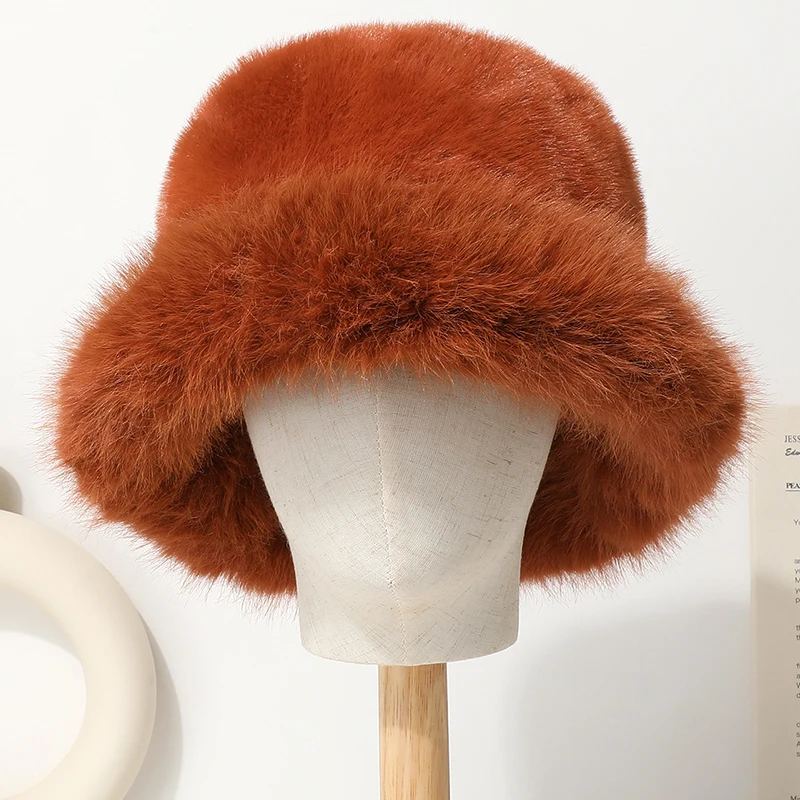 Big Faux Fur Bucket Hat for Women Thick Plush Warm Lovely Fluffy Winter Hat Lady Luxury Fashion Furry Panama Fisherman Cap view 3