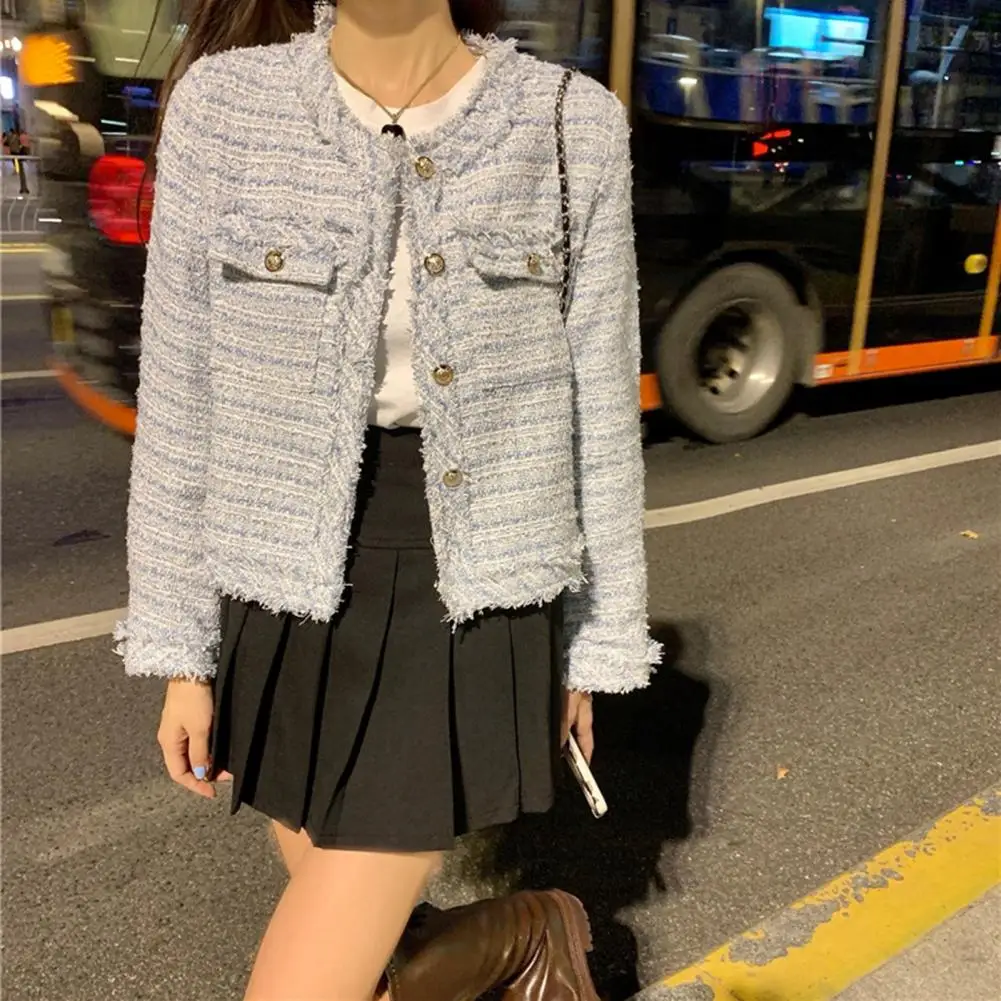 

Women Jacket Celebrity Style Short Type Coat Round Neck Long Sleeves Single-breasted Cardigan Ripped Coat Fall Outerwear