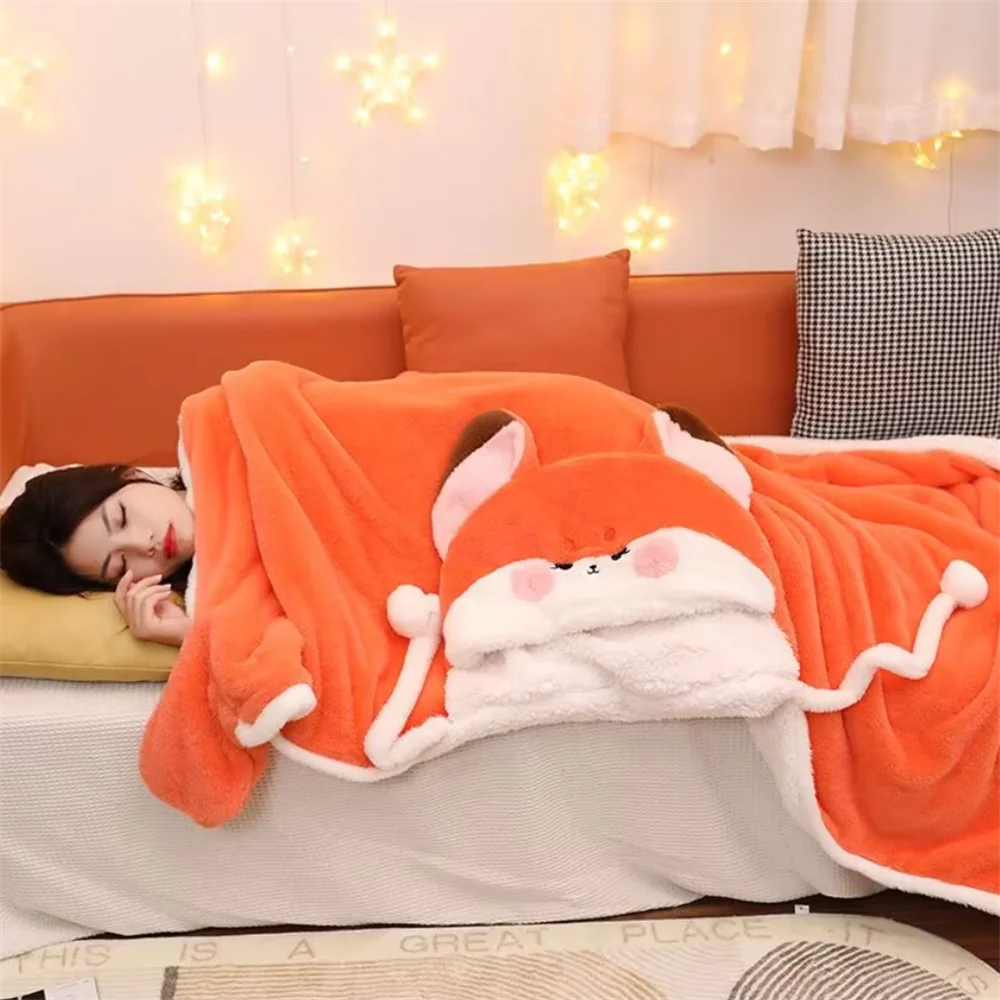 Cartoon Fox Blanket Orange Color Plush Pajamas Anime Cloak Halloween Cloak For Adults Winter Ponchos Women Hooded Cape