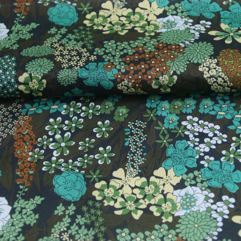 Ciara tana printed green color florals plants dark background London liberty tana lawn 100% pure cotton 80S printed fabric