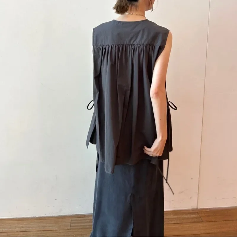 Pleated Ruffles Hem Shirts & Blouses 2024 Woman Blusas O-neck Sleeveless Ropa Mujer Japan Casual Camisas Summer New Roupas