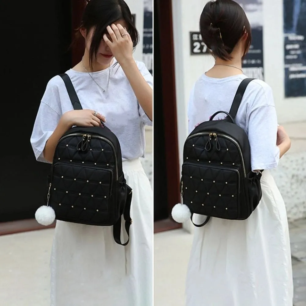 Tas Bahu Klasik yang Dapat Disesuaikan, Tas Ransel Wanita Elegan Vintage, Tas Tangan dengan Rivet, Tas Perjalanan Nilon, Tas Kasual