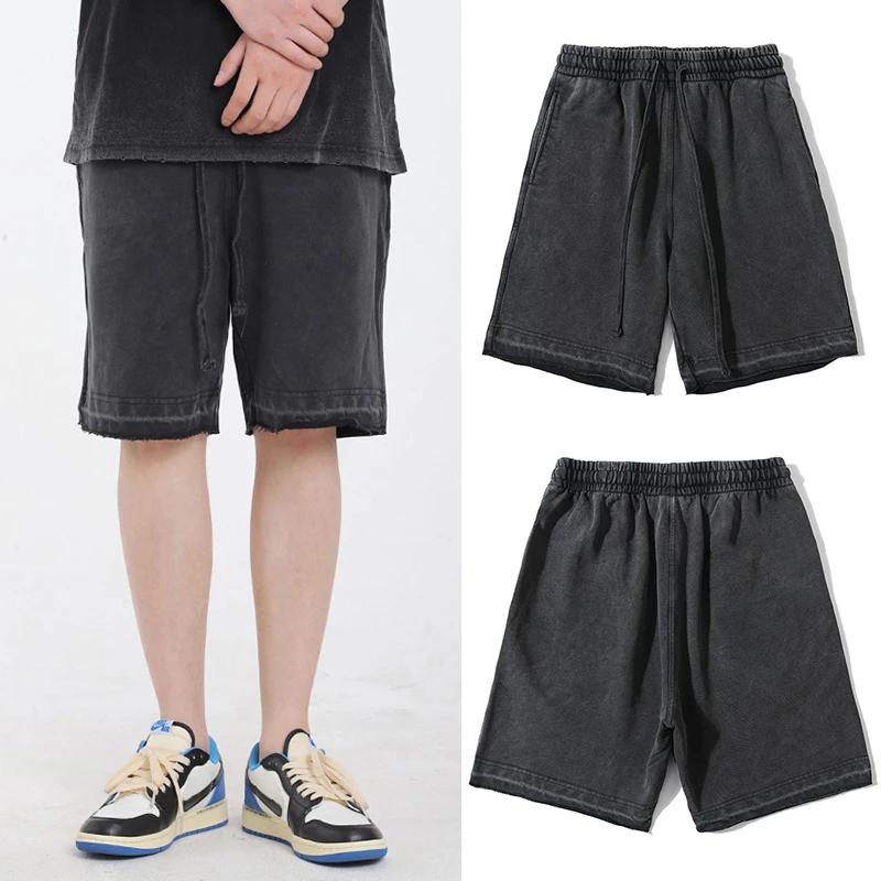 Vintage Washed Cotton Shorts for Men Black Casual Loose Fit Shorts with Pockets Drawstring Waist Summer Workout Running Shorts