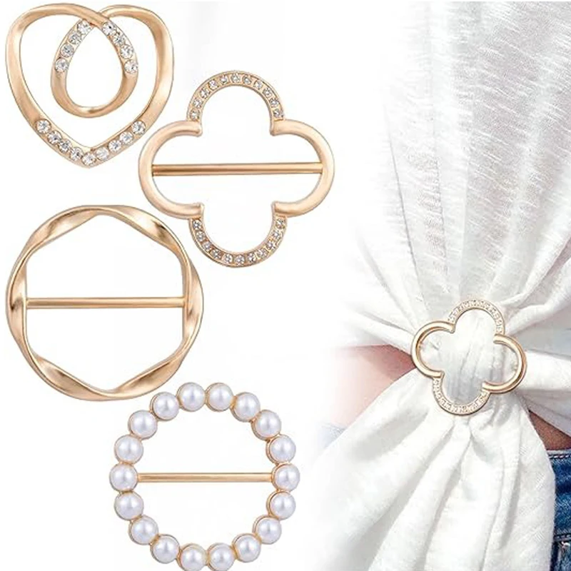 4PCS Scarf Ring Clip -T-shirt Ties Clips Clothes Corner Knotted Button for Women Fashion Metal Round Circle Shirt Clip Buckle