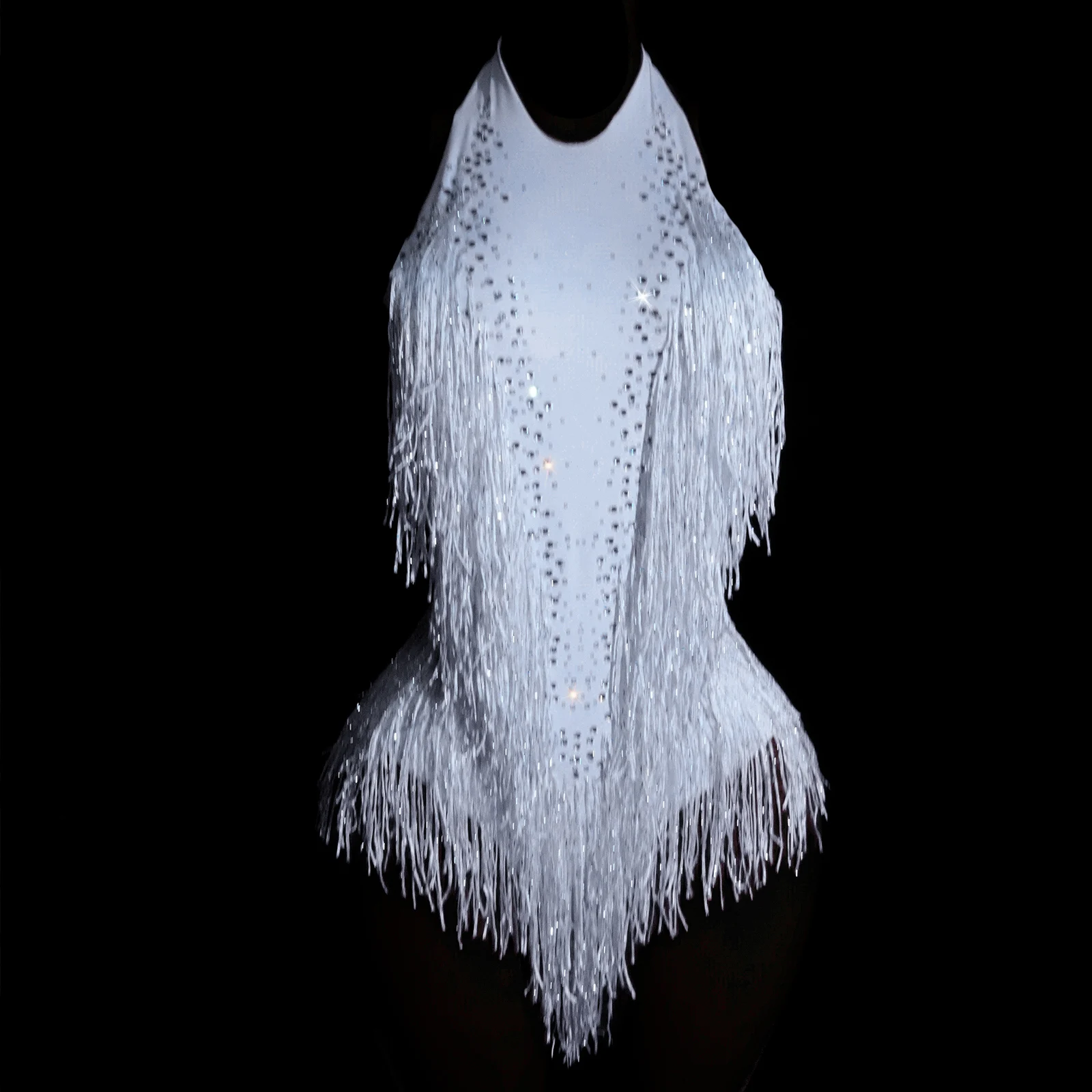 새로운 스타일 레이디 프린지 섹시하고 반짝 이는 라인 석 점프 슈트 여성 파티 바 나이트 클럽 여성 가수 공연 및 댄스 의상