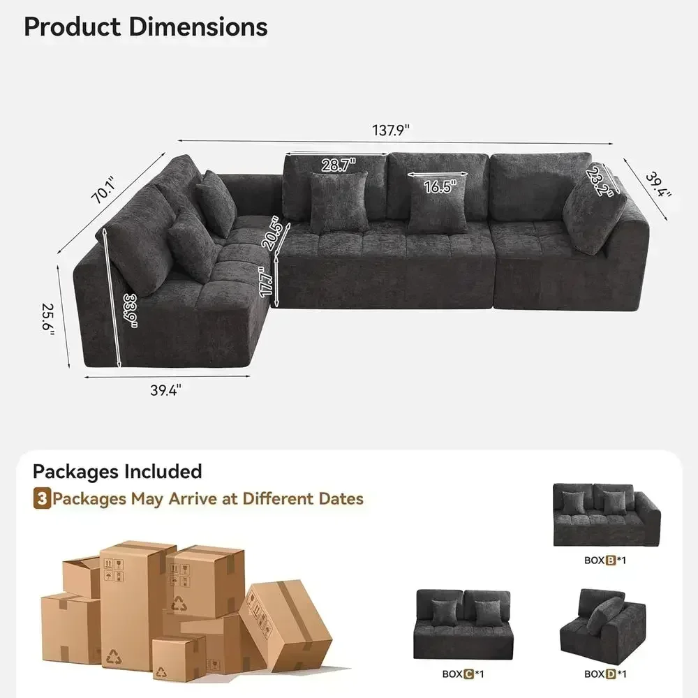 Luxury Oversized L-Shaped 5-Seater Memory Foam Sofa in Chenille Grey - No Assembly Required