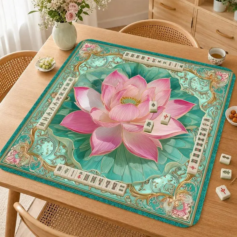 VIKAMA Vintage Lotus Mahjong Mat Thickened Soundproof Pad Chinese Mahjong Poker Domino Table Cover