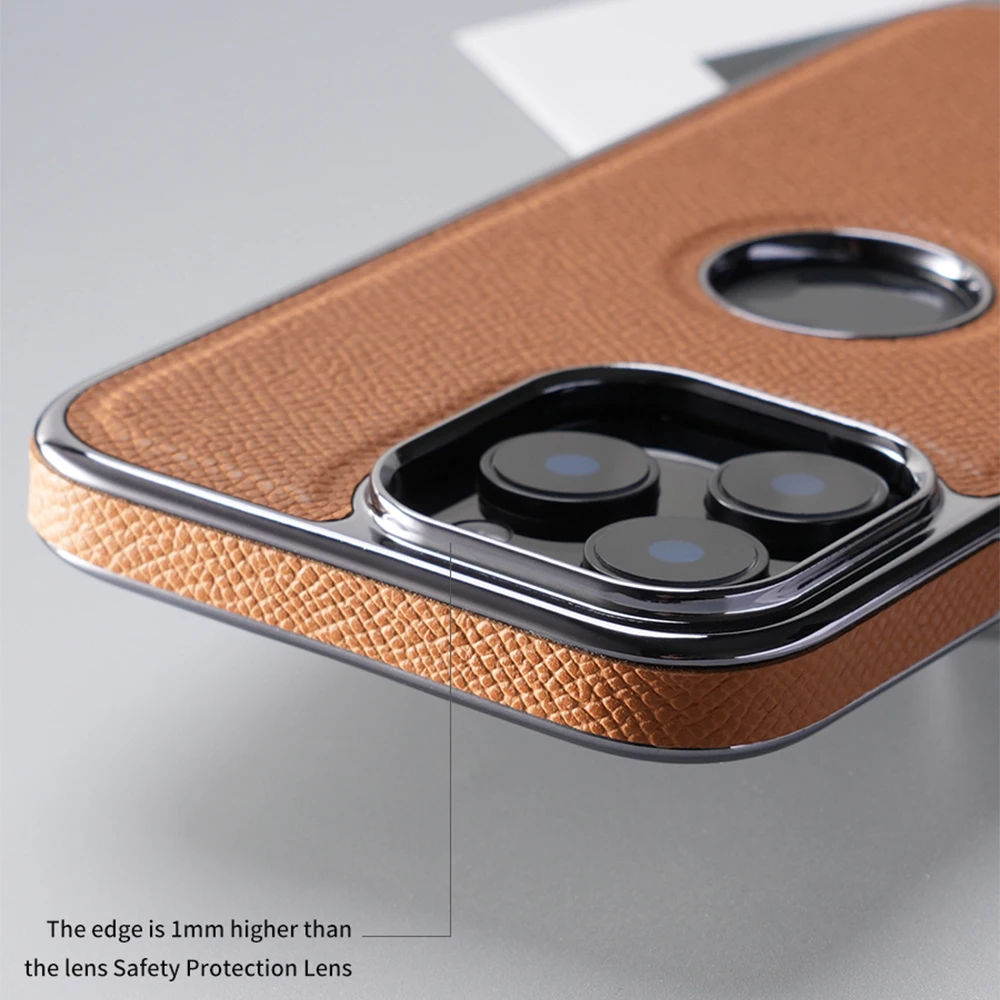 for Magsafe Case for iPhone 15 16 Pro Max Promax 16Pro 15Pro Natural Cowhide Leather Luxury Plating Logo Hole Back Cover view 6