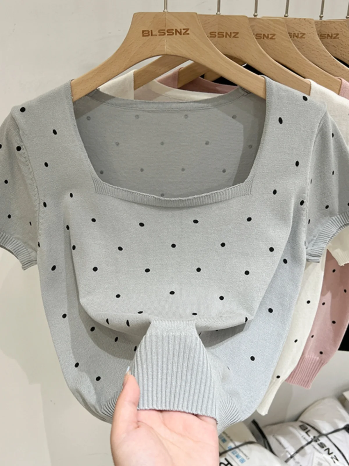 الصيف المرأة محبوك الحرير الجليد ort Sve تي شيرت ساحة طوق البولكا نقطة حجم كبير Faionable الكورية Sle تخفيف #3