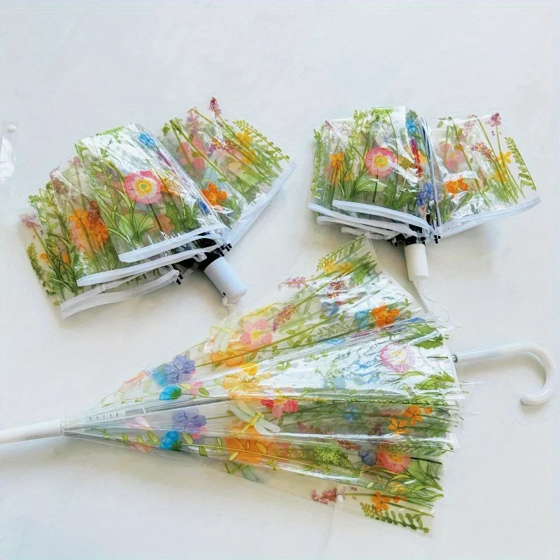 1pc New High-value, Fashionable, Elegant, Durable Transparent Umbrella Cute, Fresh Flower And Grass Shaped Umbrella