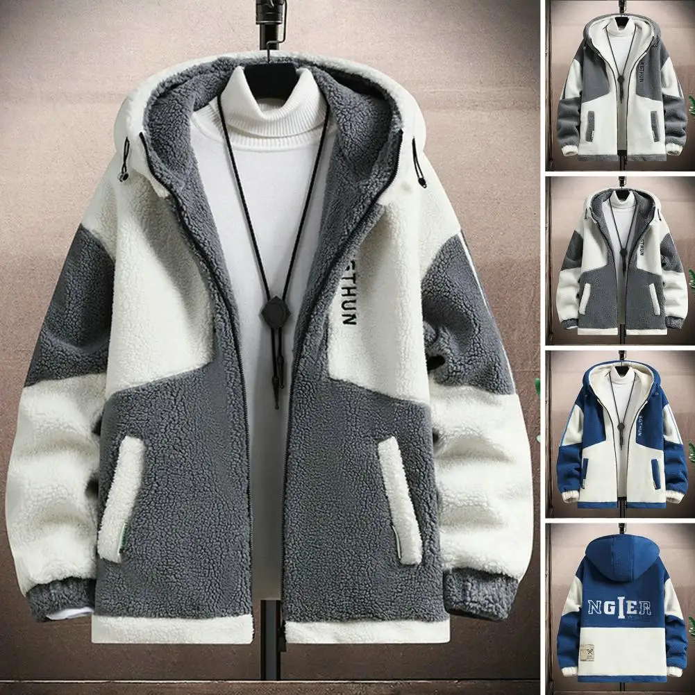 Men Polar Fleece Jacket Colorblock Hooded Men\'s Jacket with Plush Letter Decor Warm Long Sleeve Pockets Resistant Coat for Fall