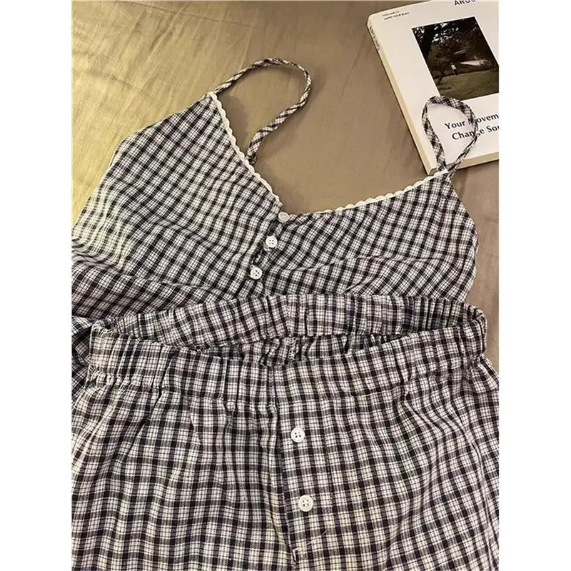 

Корейский клетчатый комплект в стиле ретро, женский летний комплект домашней одежды на открытом воздухе с ремешком, удобная дышащая ночная рубашка больших размеров
