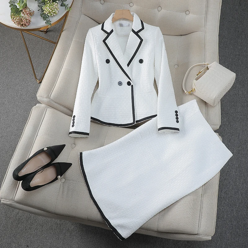 ZJYT Office Lady Woolen Blazer Skirt Sets Women\'s Suit Elegant Conjuntos Para Mujeres 2 Piezas Outfit White Black Autumn Winter