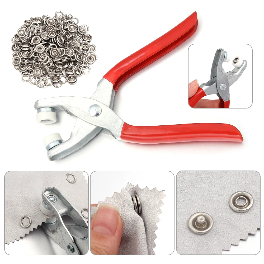 200Pcs Prong Rings 9.5mm Buckle Buttons Metal Colour Pliers Snap Button Claw DIY Set Hand Pressure Plier Rivet Buckle Sew Tool
