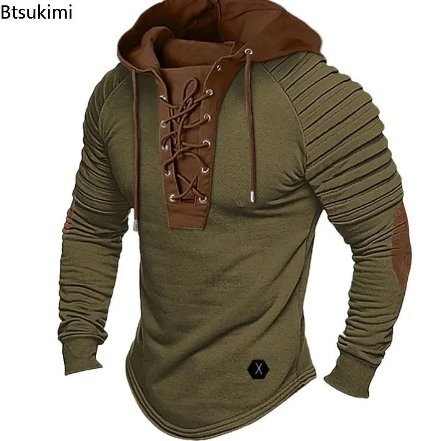 

2025 Men Hooded Sweatshirt Vintage Lace-up Drawstring Men's Hoodie with Pleated Shoulders Soft Stretchy Breathable Daily Top Tie