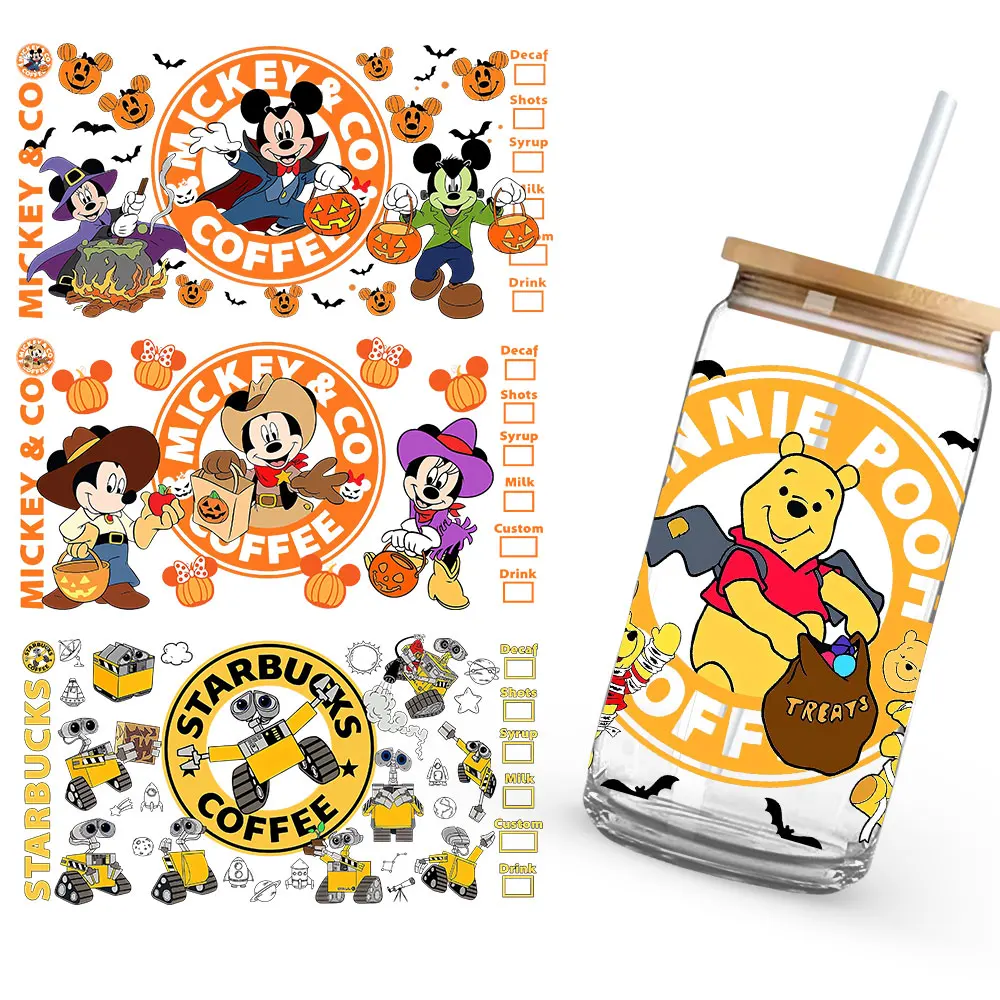 Mickey Coffee Halloween Pumpkin Yoda Winnie the Pooh  UV DTF Transfer Sticker Self-Adhesive Individualized Cup Adornments