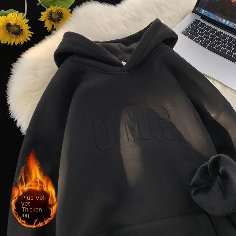 

Steel printed heavyweight hoodie for boys 2024 autumn and winter new item Hong Kong trend brand letter couple with fleece