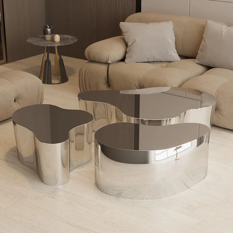 

Modern simple villa hotel light luxury coffee table edge corner Italian stainless steel cloud living room coffee table