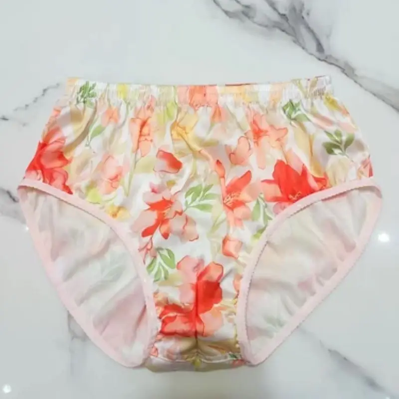 Men Sexy Satin Imitation Silk Triangle Briefs Women Floral Print Single Layer Panties Elastic Waist Soft Silky Couple Underwear