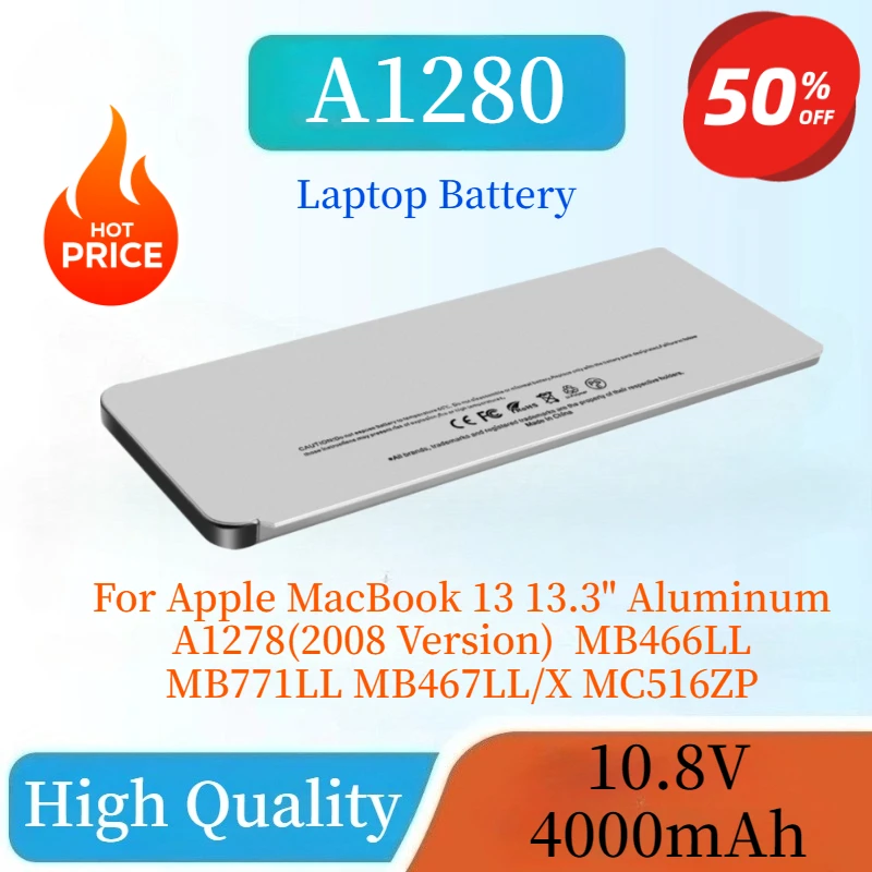 

New A1280 Laptop Battery 10.8V 4000mAh for Apple MacBook 13 13.3" A1278(2008 Version) MB466LL MB771LL MB467LL/X MC516ZP