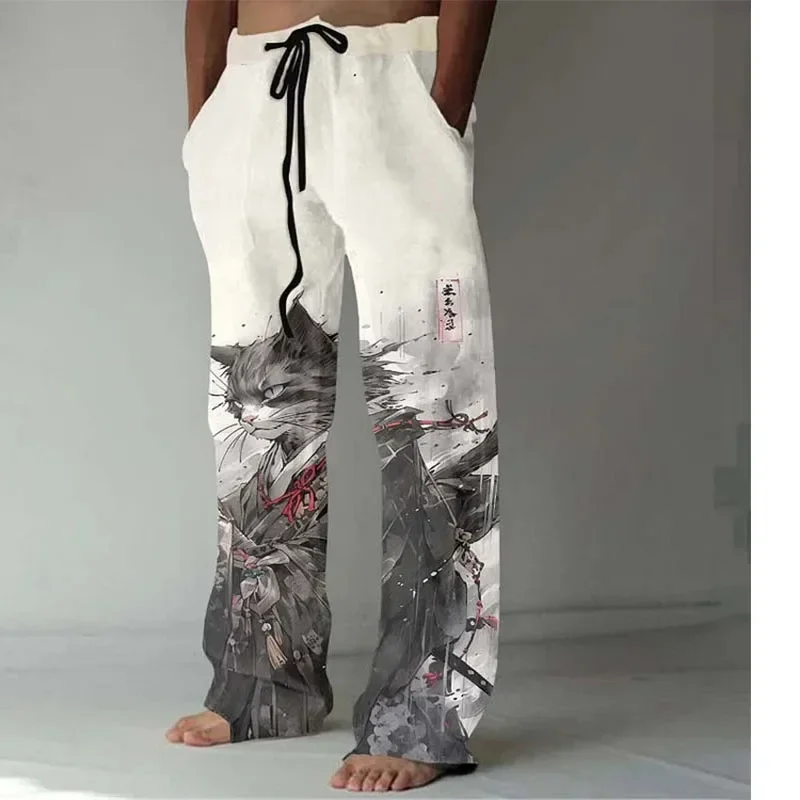 Pantalones rectos con estampado de gato para hombre, Pantalón cómodo de lino de bambú, informal, talla grande, ocio diario, novedad de 2024