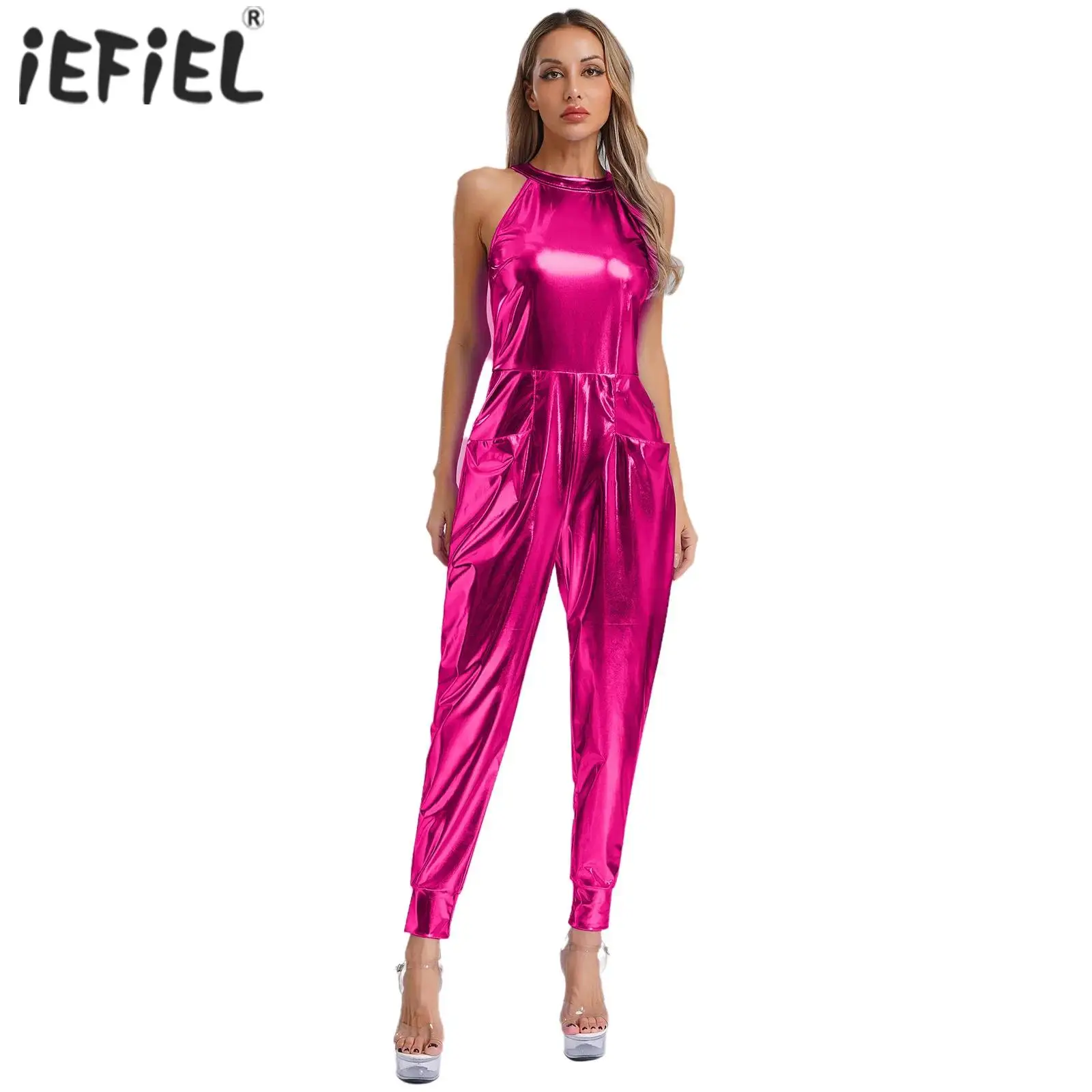 

Women Zentai Unitard Jumpsuit with Pockets Zipper Hollow Out Shiny Metallic Rompers Bodysuit Pole Dance Disco Rave Clubwear