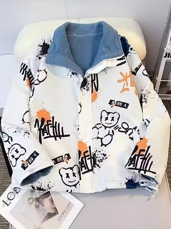 

Double-Sided Wear Lamb Velvet Cotton Jaet Loose Thi Warmth Youth Faion Winter Coat Printed Casual Long Sve Button up