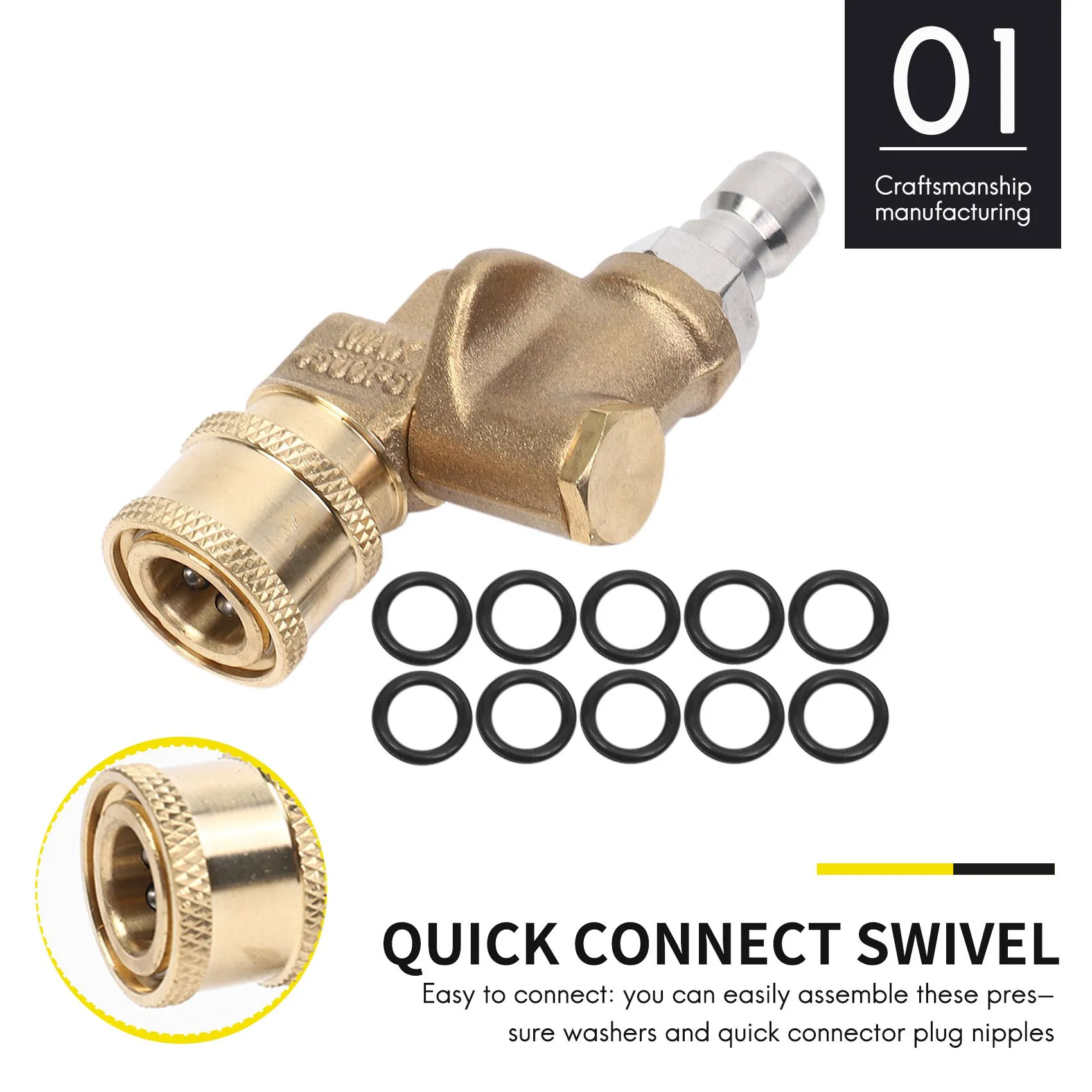 Quick Connecting Pivoting Coupler 180 Degree with 5 Angles and Safety Lock for Pressure Washer Spray Nozzle, Max 5000 PSI, 1/4