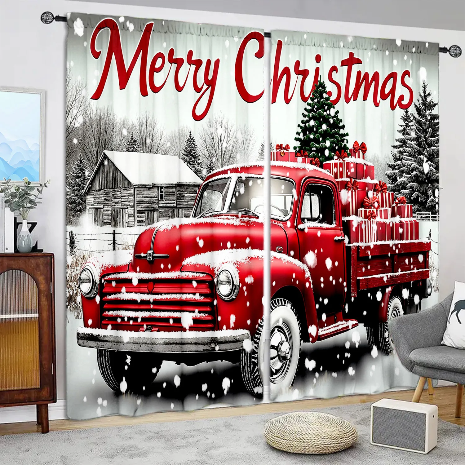 Red Truck Christmas Curtain, Vintage Holiday Window Drape, Merry Xmas Snowy Scene, Farmhouse Winter Decor, Festive Home Textile