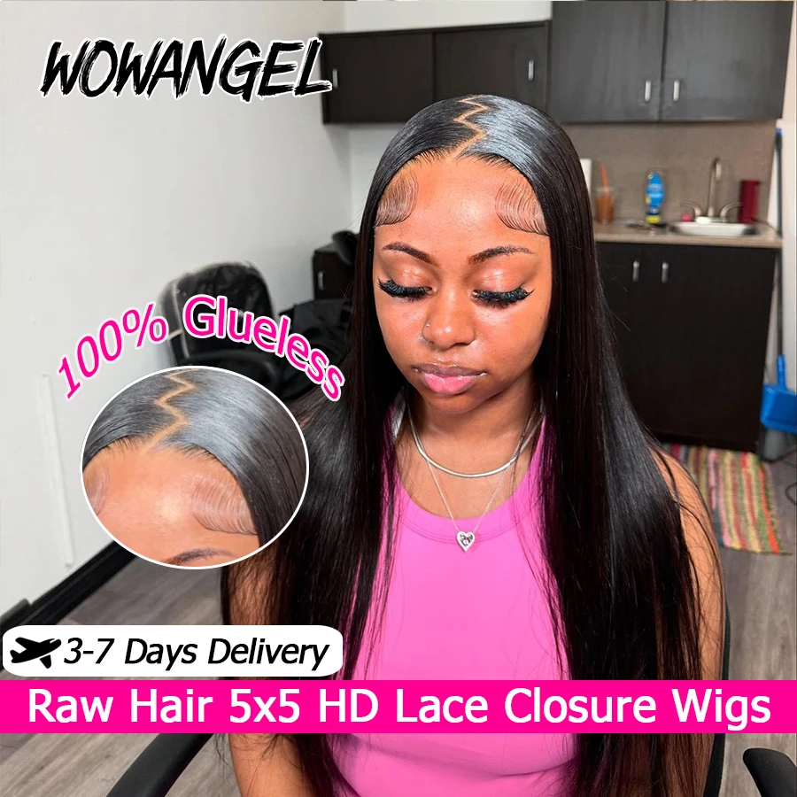 

Wow Angel 34 Inch Raw Hair 5x5 HD Lace Closure Wigs Human Hair Bone Straight 250 Density Pre Plucked Skins Melted Glueless Wigs