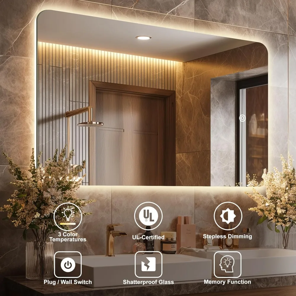 กระจกห้องน้ำ LED ไร้กรอบทรงสี่เหลี่ยมมุมโค้งมน พร้อมไฟที่ปรับความสว่างได้และป้องกันการแตก