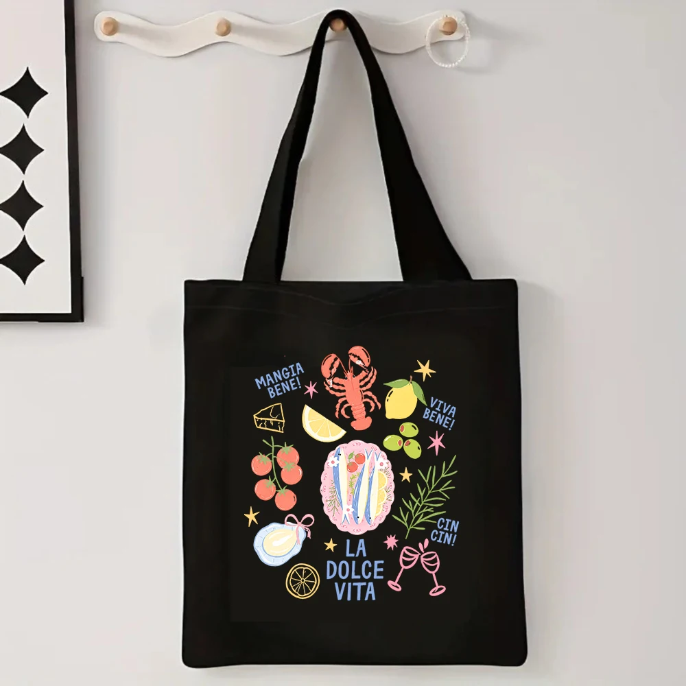 Italian La Dolce Vita Canvas Tote Bag Retro Mediterranean Food Lemon Lobster Handbag Summer Beach Grocery Shopping Book Bag